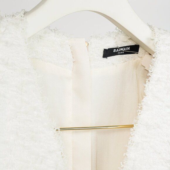 Balmain White Tweed Button-Embellished Long-Sleeve Mini Dress - Picture 10 of 13